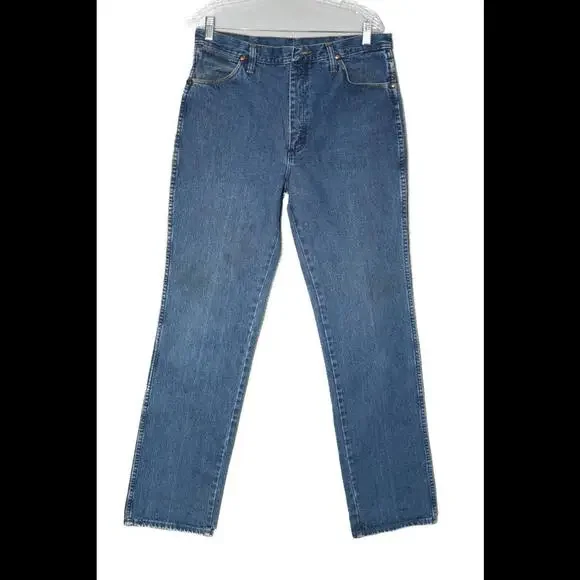 Wrangler Mens Jeans Blue Denim Cotton Straight Medium Wash Zip Mid Rise Size 35 - Picture 2 of 5